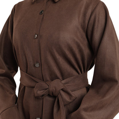 Belted Polo Collar Suede Tunic With Metal Buttons