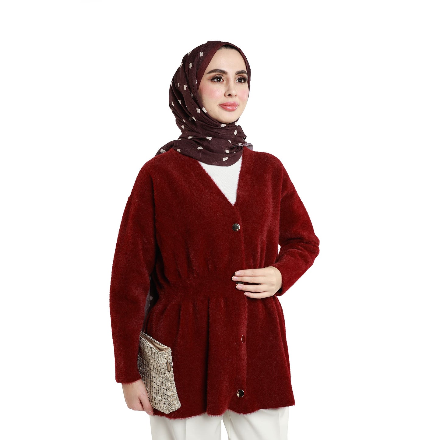 Pile Detailed Gold Buttoned Knitted Cardigan