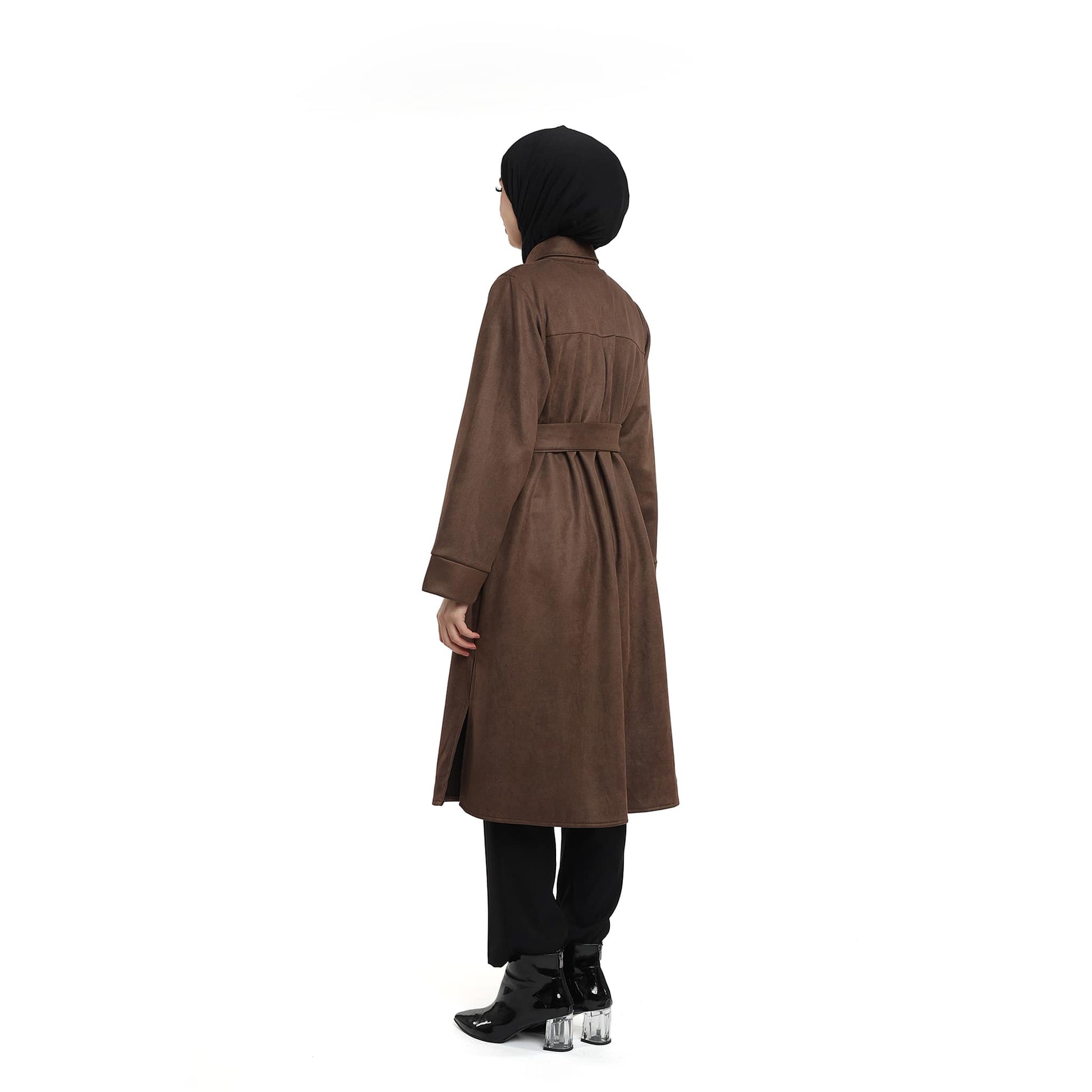 Belted Polo Collar Suede Tunic With Metal Buttons