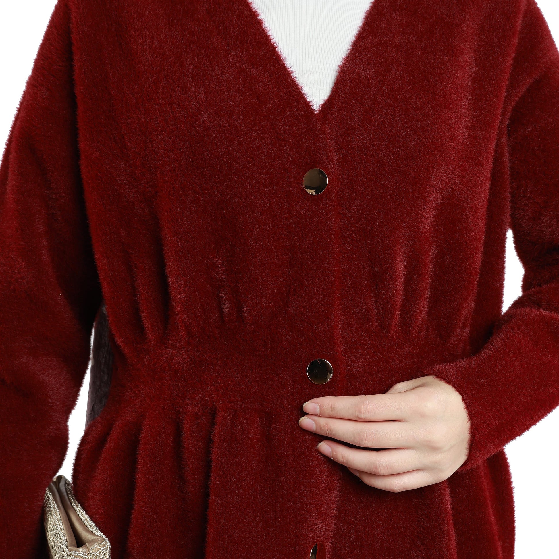 Pile Detailed Gold Buttoned Knitted Cardigan