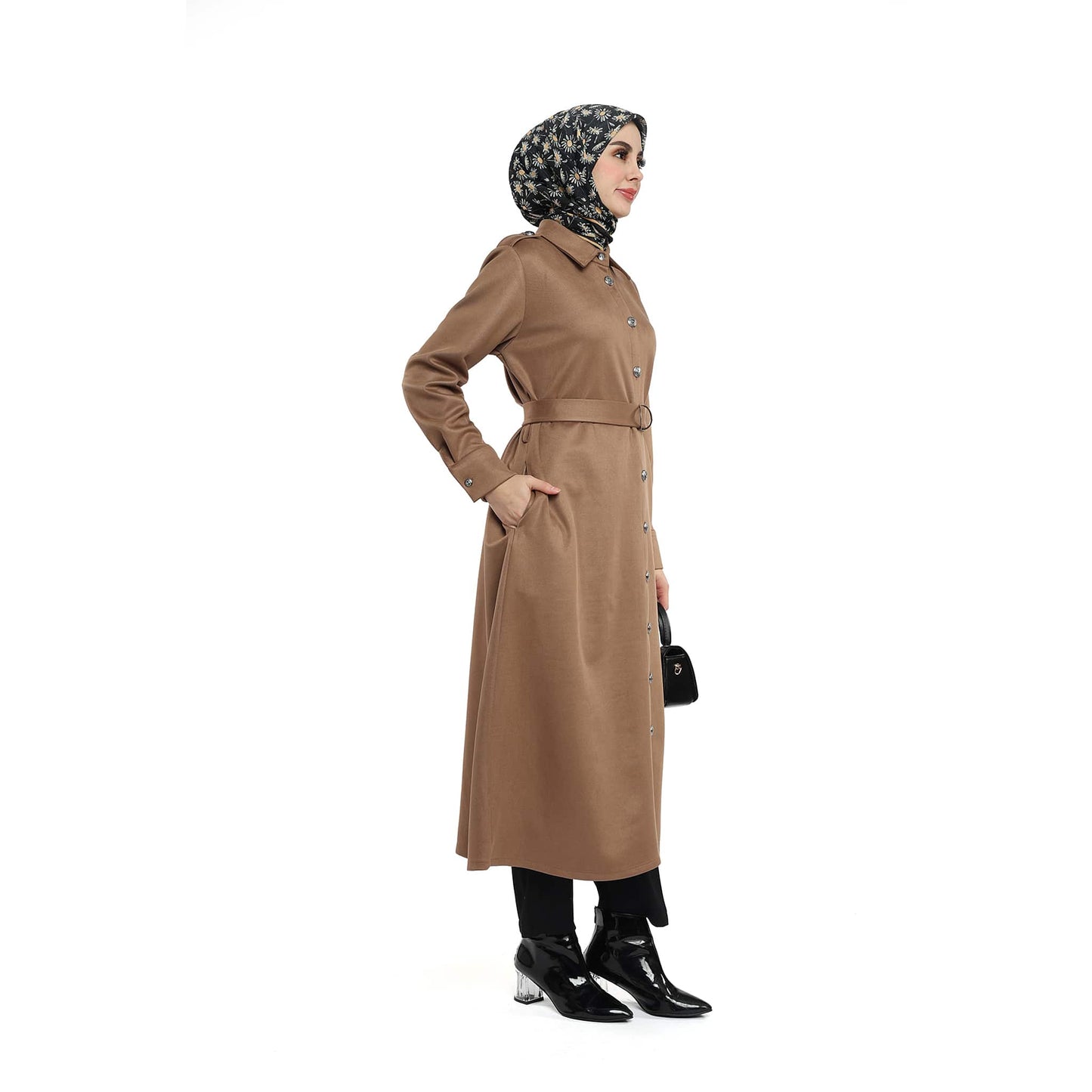 Epaulette Detail Polo Collar Metal Button Lined Trench Coat