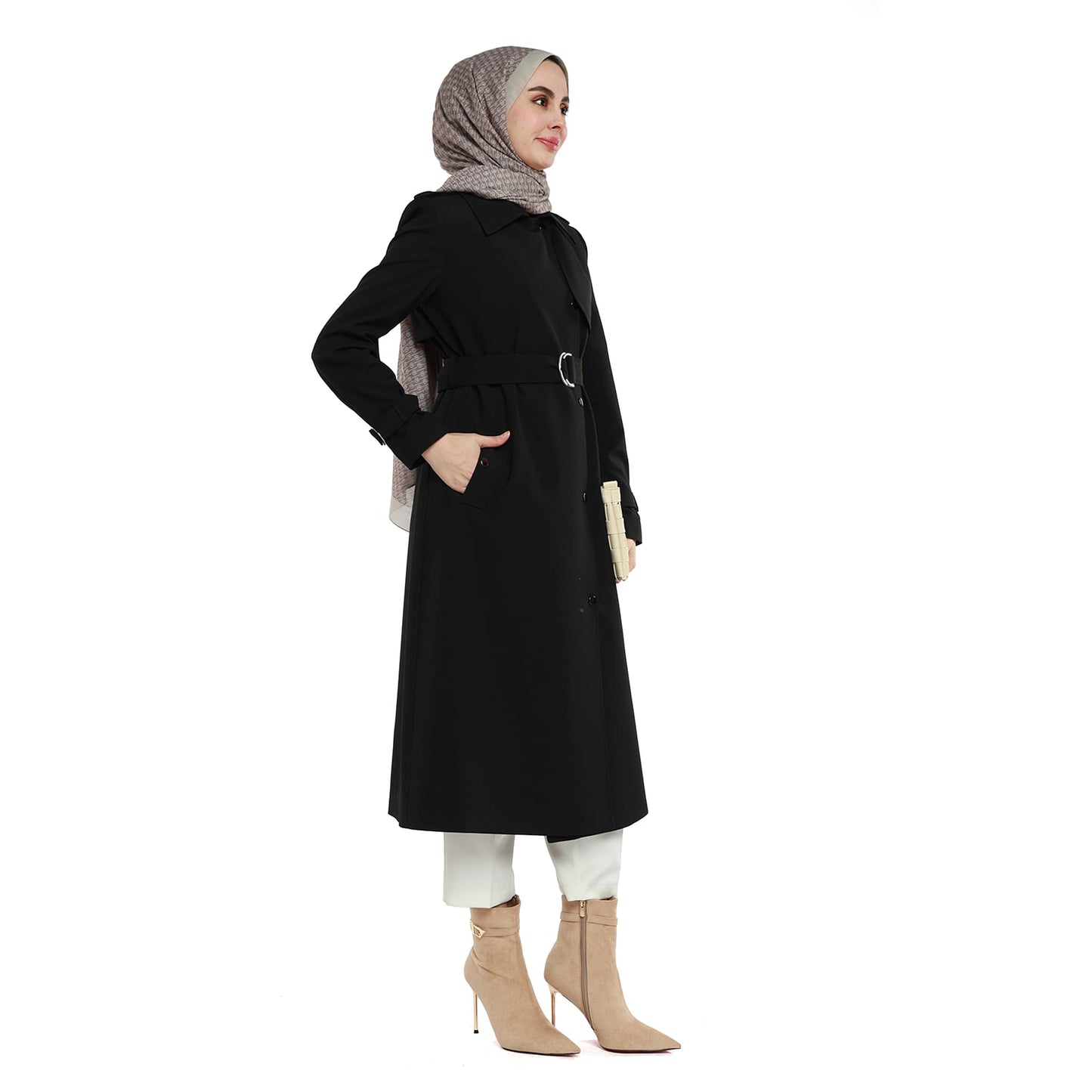 Polo Collar Belt Detail Mid-Length Coat