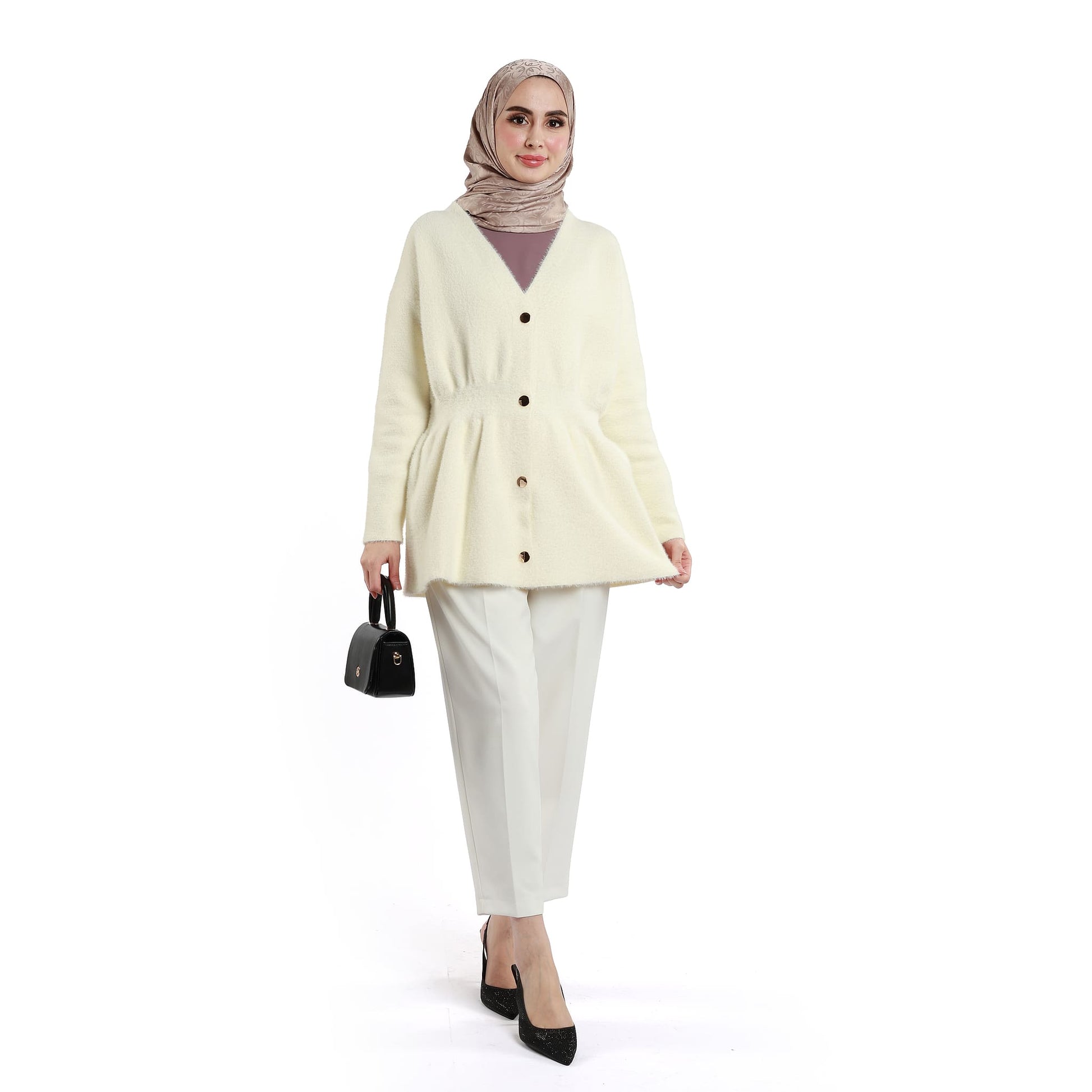 Pile Detailed Gold Buttoned Knitted Cardigan
