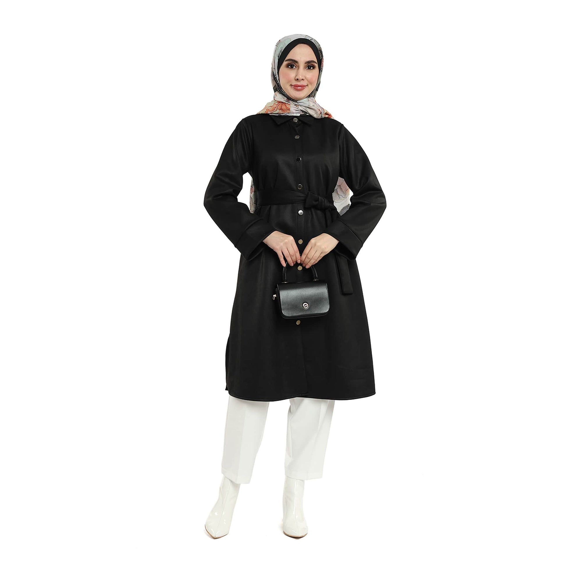 Belted Polo Collar Suede Tunic With Metal Buttons
