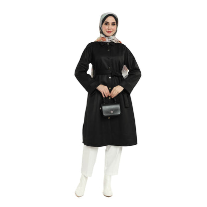 Belted Polo Collar Suede Tunic With Metal Buttons