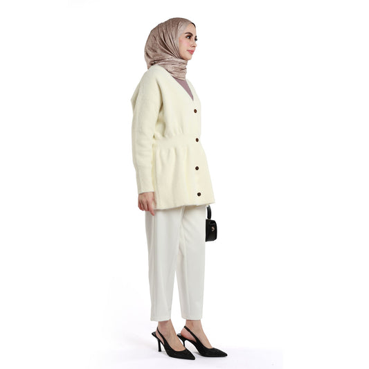 Pile Detailed Gold Buttoned Knitted Cardigan