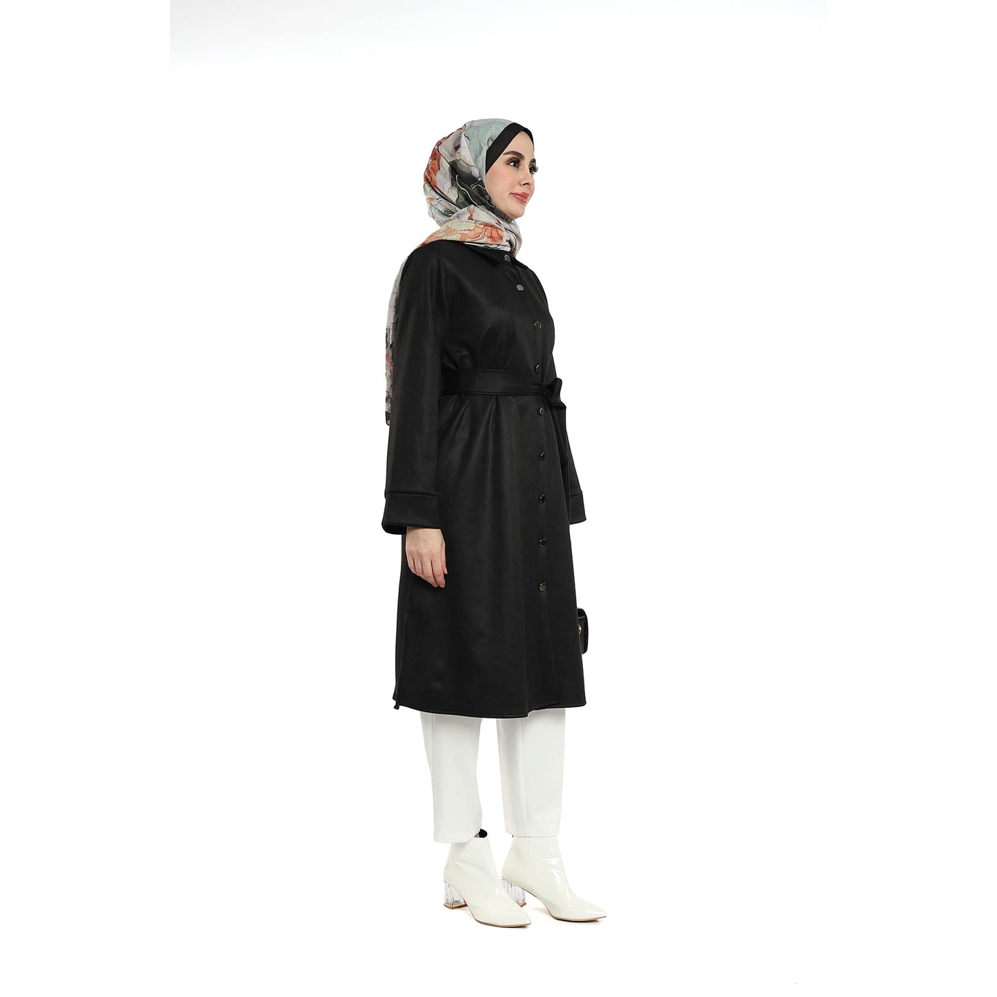Belted Polo Collar Suede Tunic With Metal Buttons