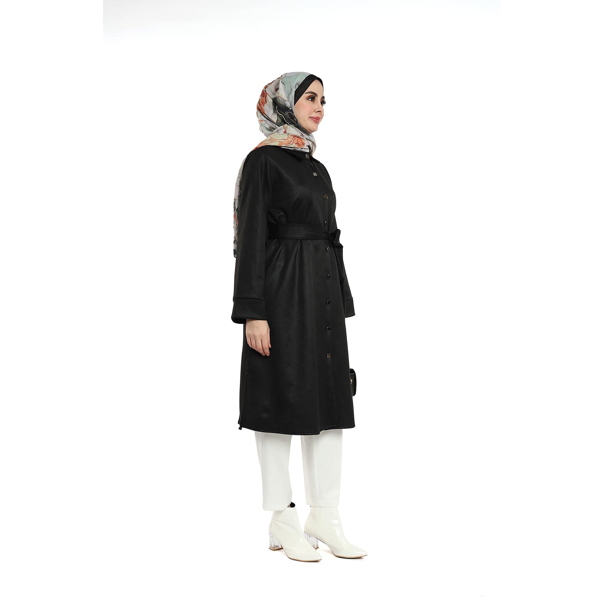 Belted Polo Collar Suede Tunic With Metal Buttons