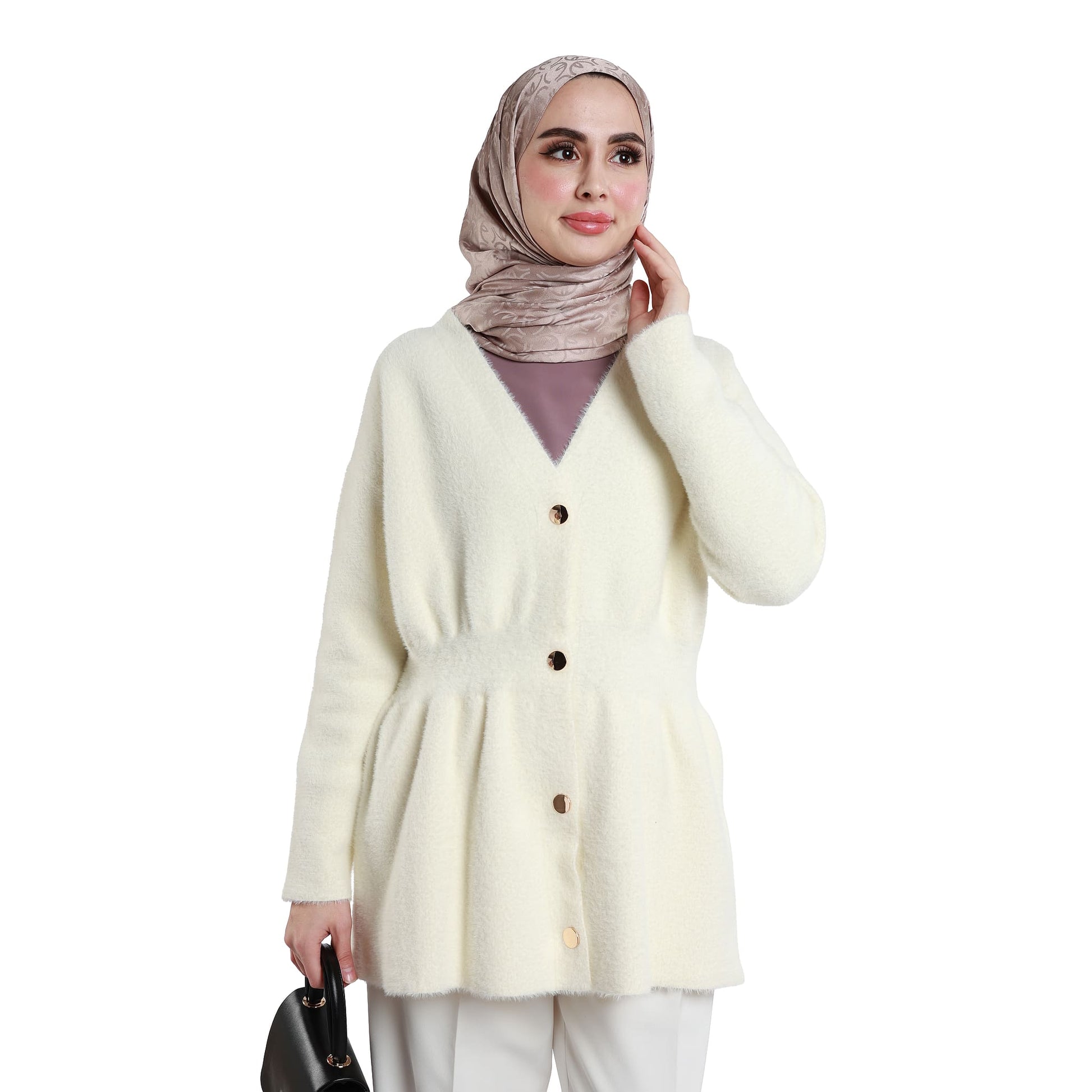 Pile Detailed Gold Buttoned Knitted Cardigan
