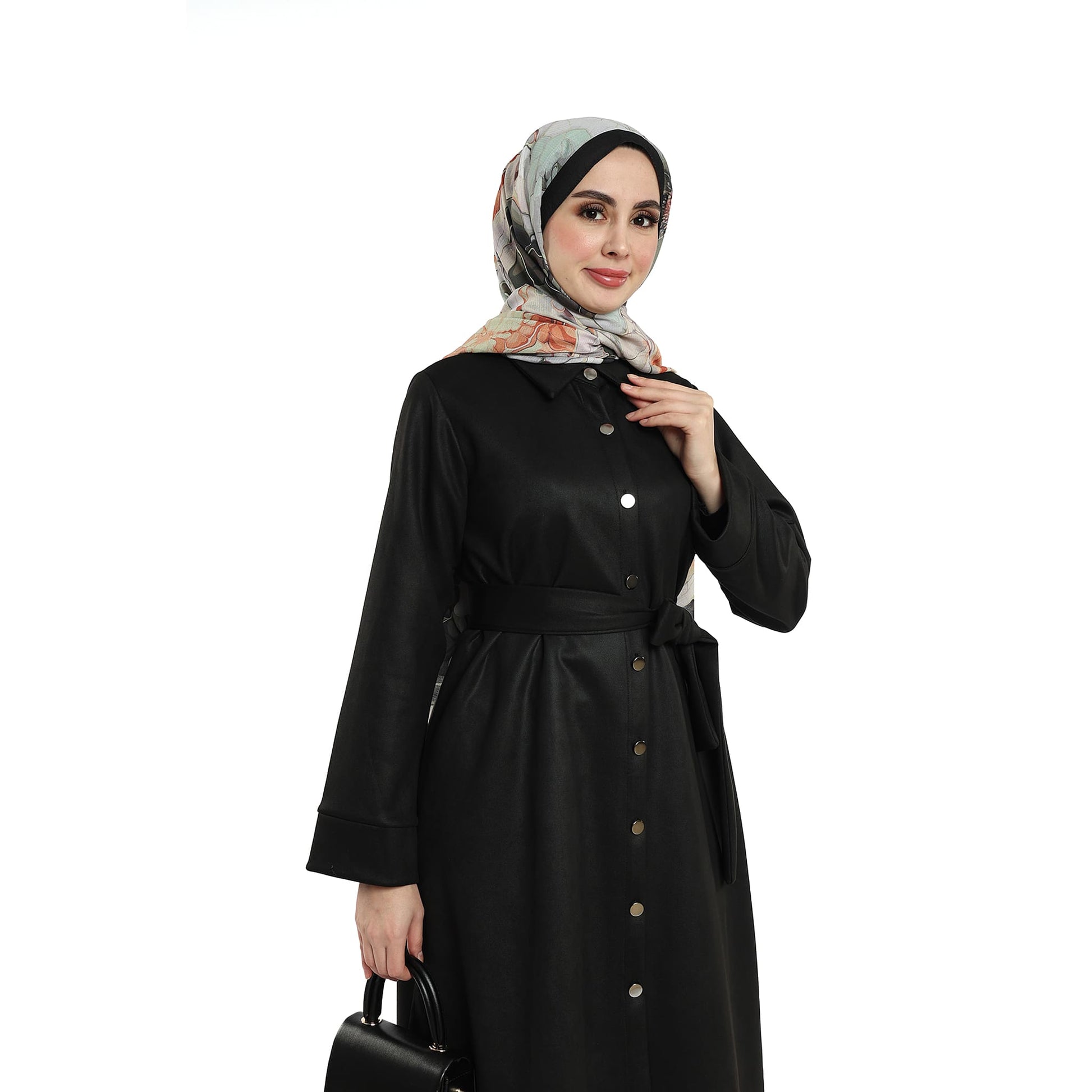 Belted Polo Collar Suede Tunic With Metal Buttons