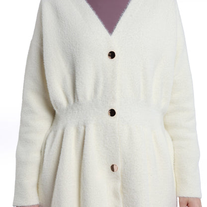 Pile Detailed Gold Buttoned Knitted Cardigan