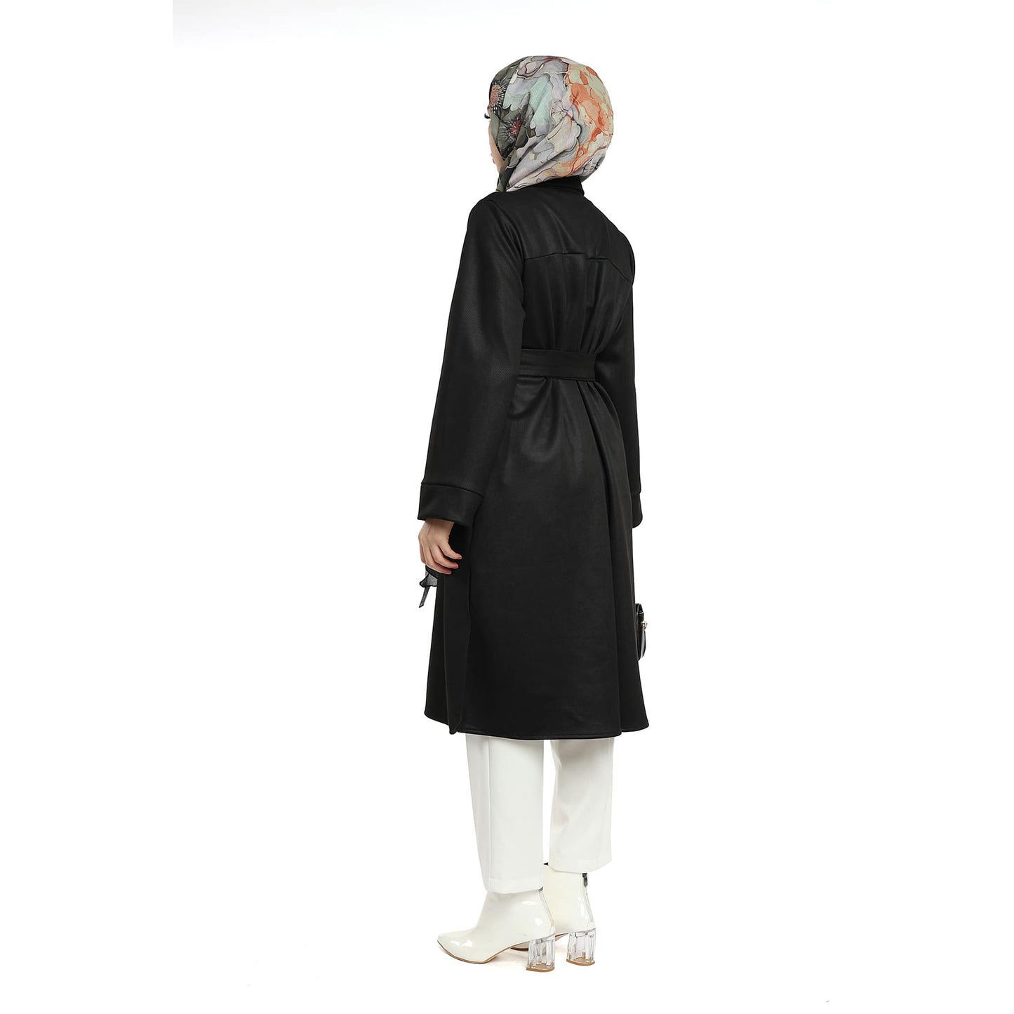 Belted Polo Collar Suede Tunic With Metal Buttons