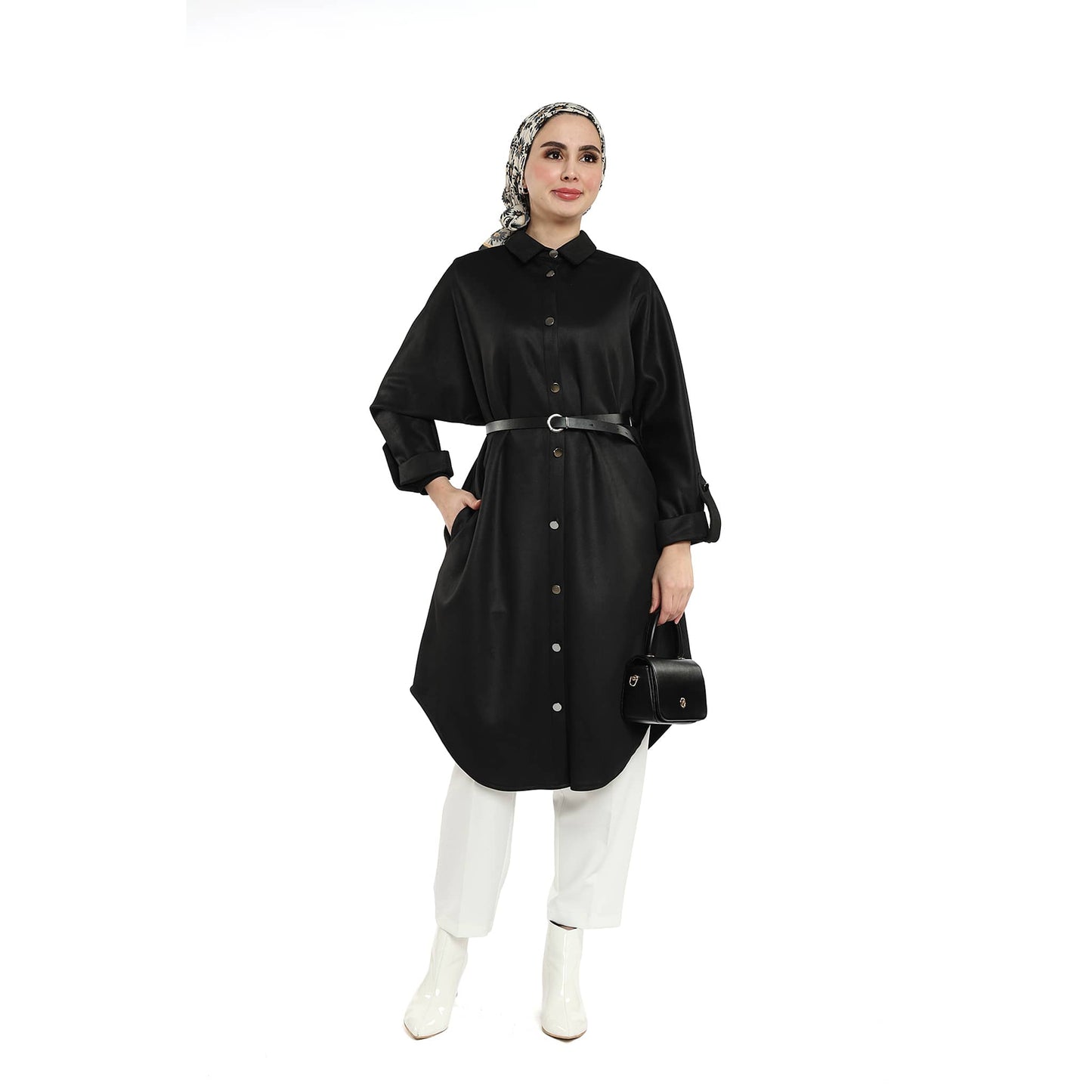 Belted Polo Collar Drop Shoulder Suede Tunic