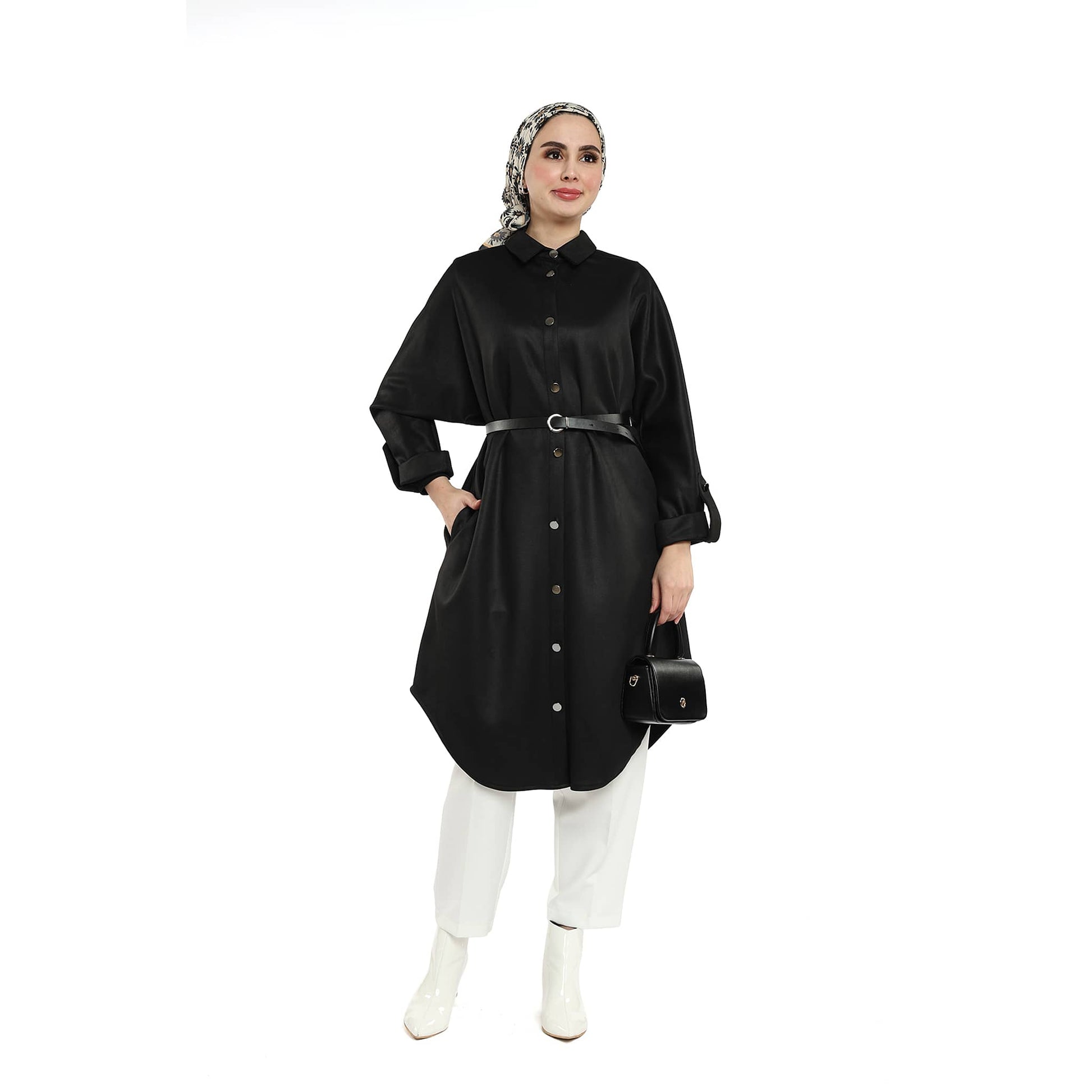 Belted Polo Collar Drop Shoulder Suede Tunic