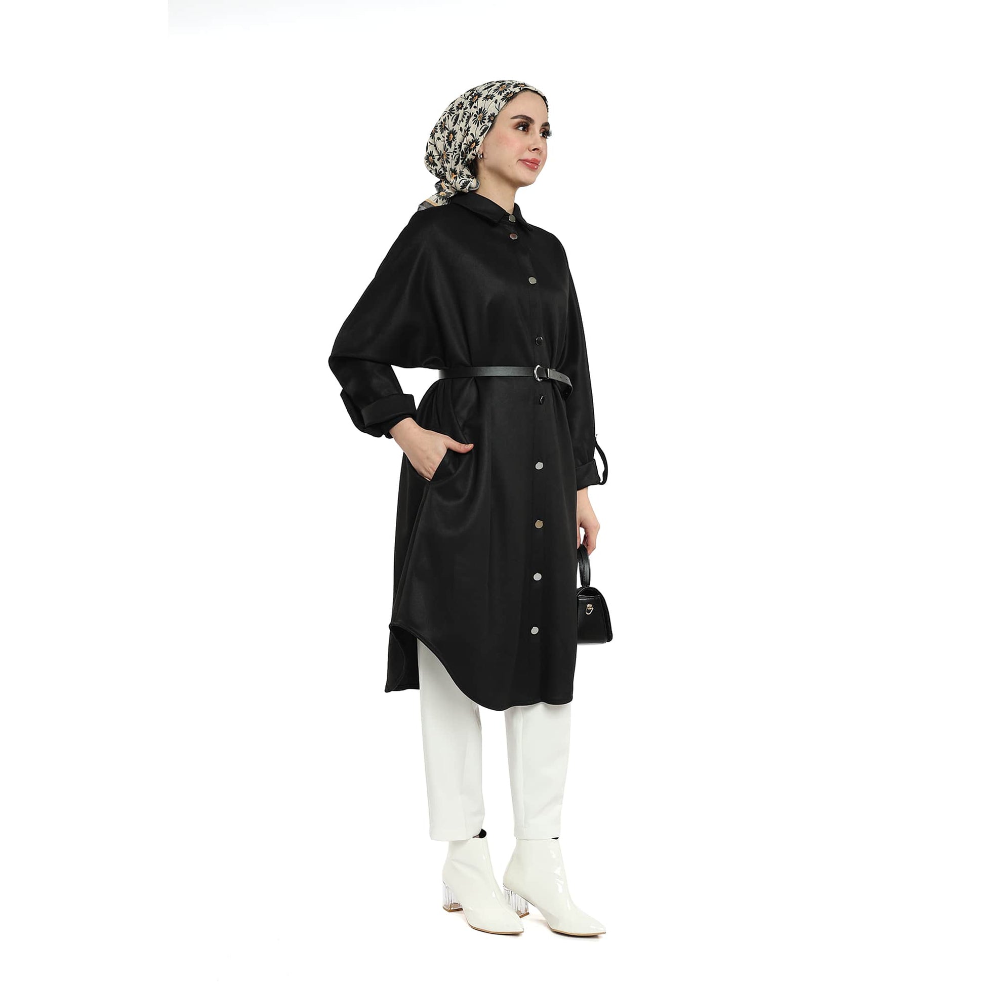 Belted Polo Collar Drop Shoulder Suede Tunic