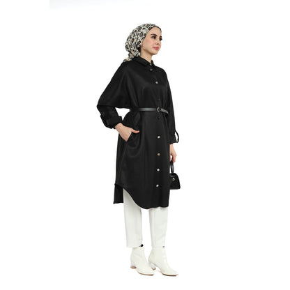 Belted Polo Collar Drop Shoulder Suede Tunic