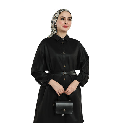 Belted Polo Collar Drop Shoulder Suede Tunic