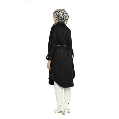 Belted Polo Collar Drop Shoulder Suede Tunic