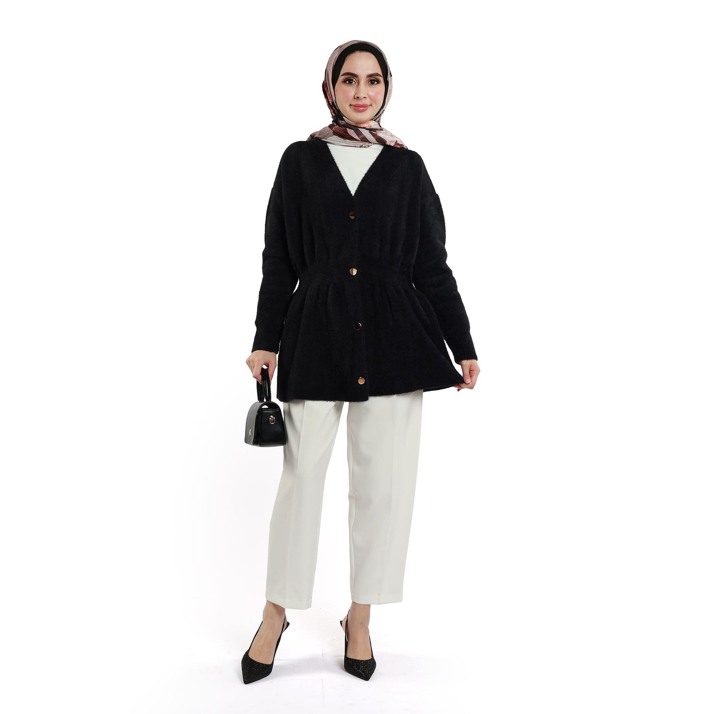 Pile Detailed Gold Buttoned Knitted Cardigan