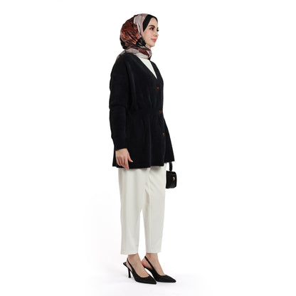 Pile Detailed Gold Buttoned Knitted Cardigan