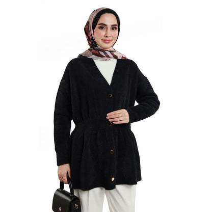 Pile Detailed Gold Buttoned Knitted Cardigan