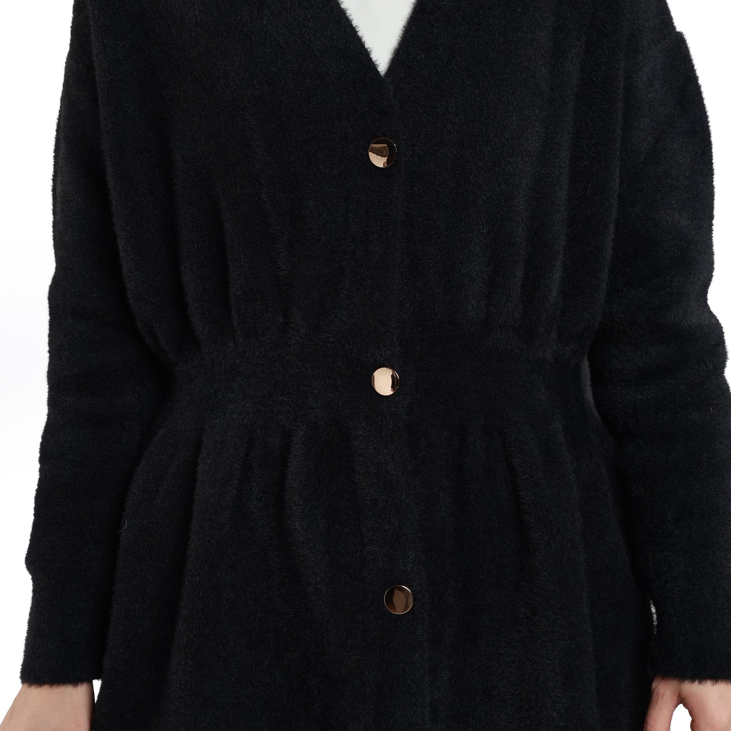 Pile Detailed Gold Buttoned Knitted Cardigan