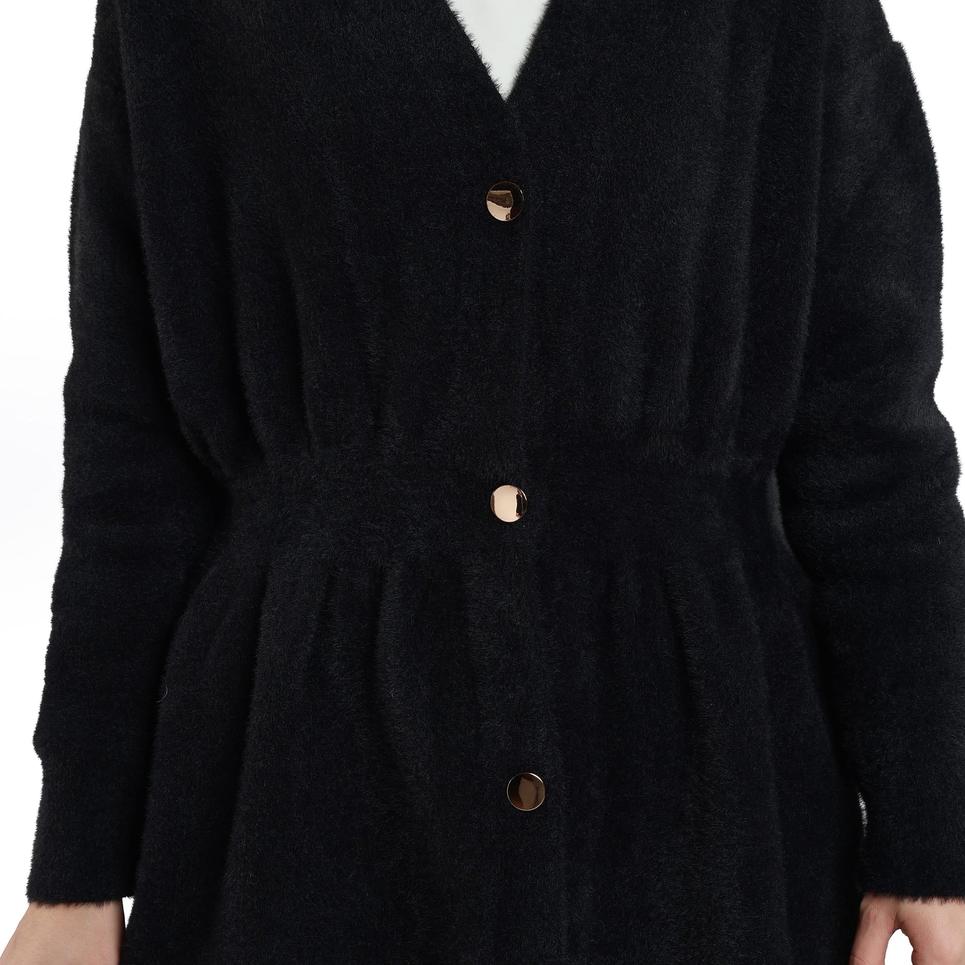 Pile Detailed Gold Buttoned Knitted Cardigan