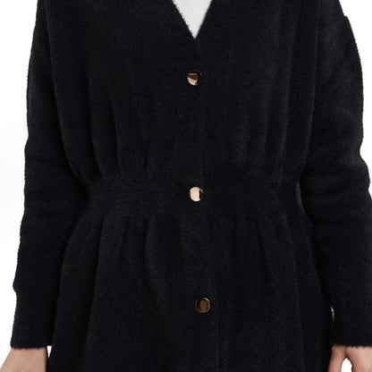 Pile Detailed Gold Buttoned Knitted Cardigan