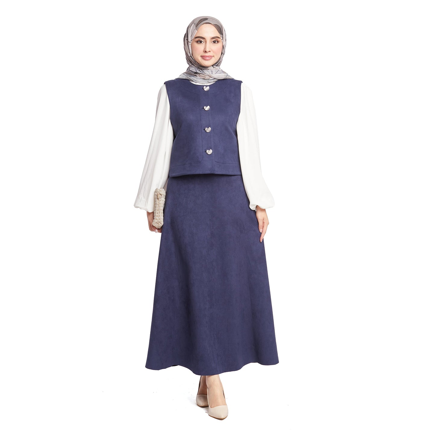Suede/Velvet Silver Buttoned Skirt Suit