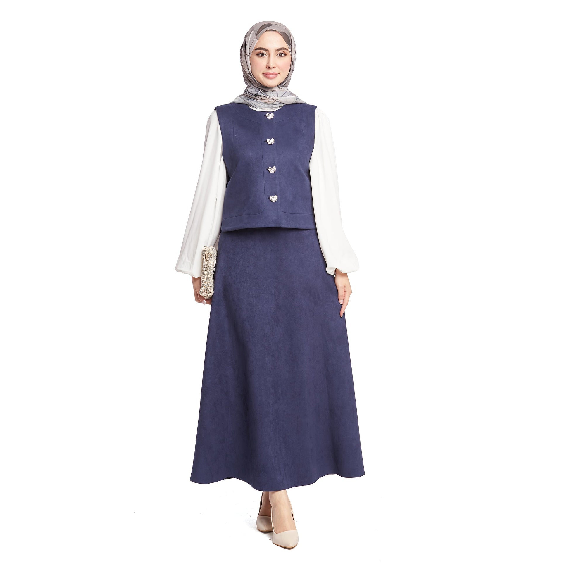 Suede/Velvet Silver Buttoned Skirt Suit