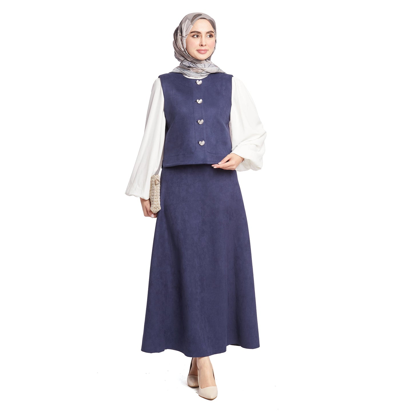 Suede/Velvet Silver Buttoned Skirt Suit