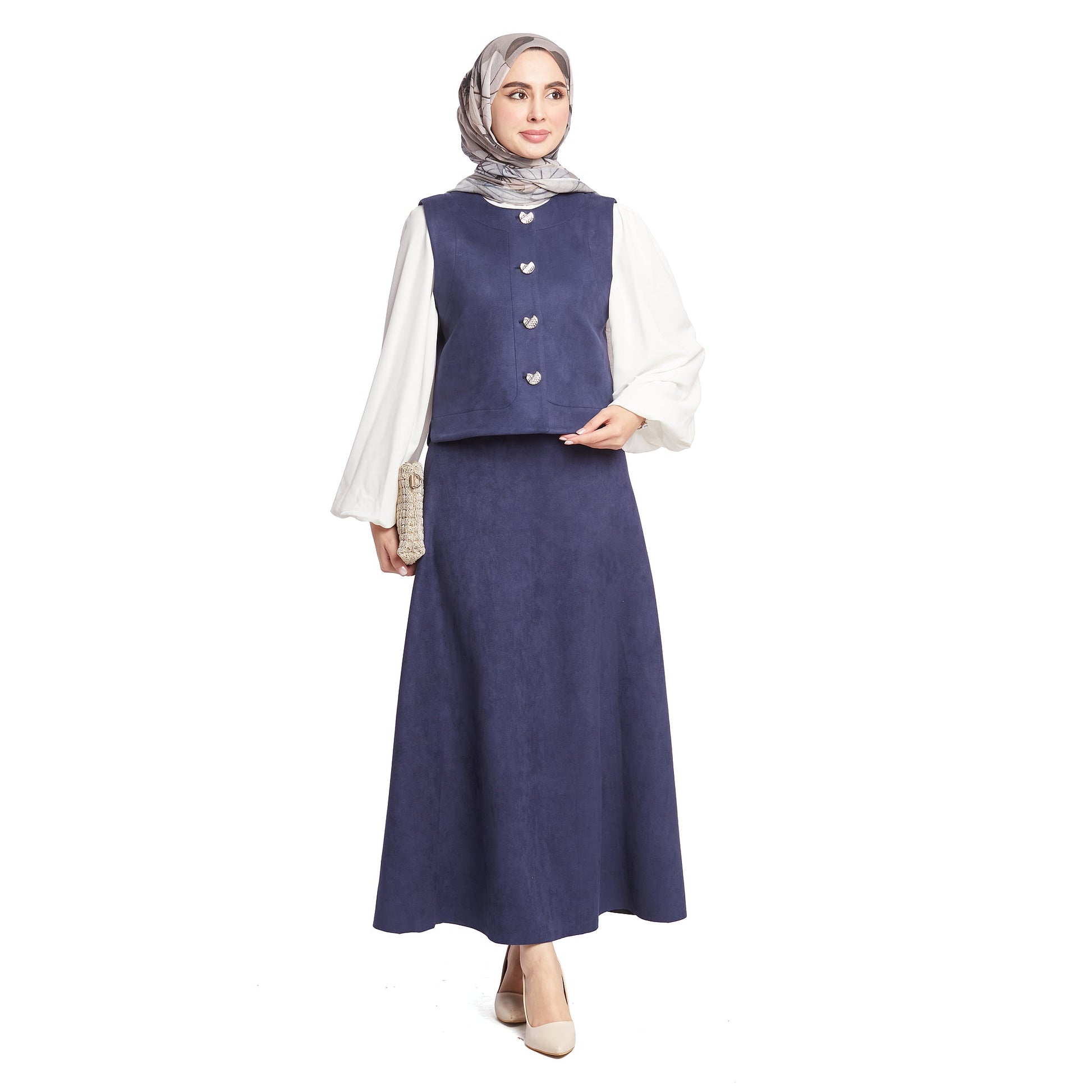 Suede/Velvet Silver Buttoned Skirt Suit