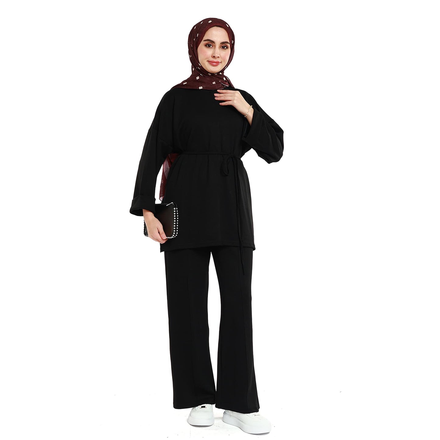 Oversize Pants Set with Drawstring Waist and Sleeve Pleat Detail