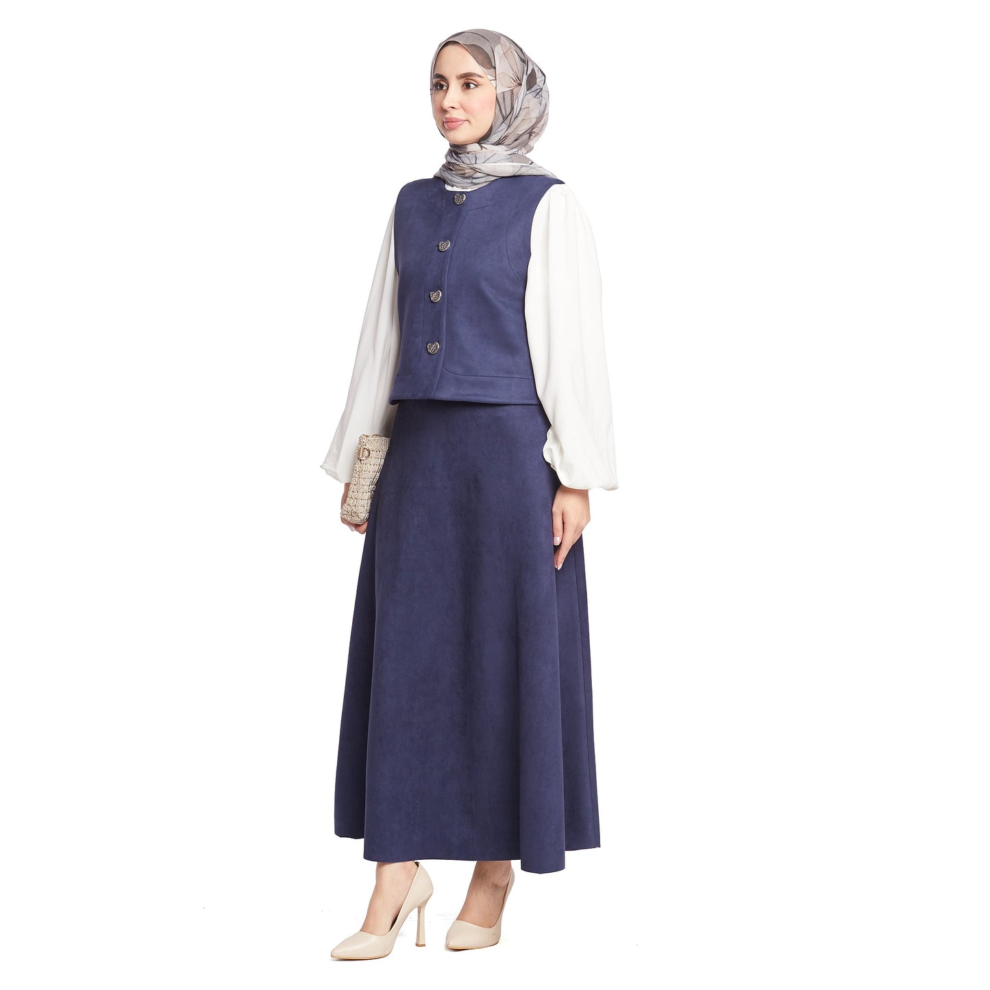 Suede/Velvet Silver Buttoned Skirt Suit