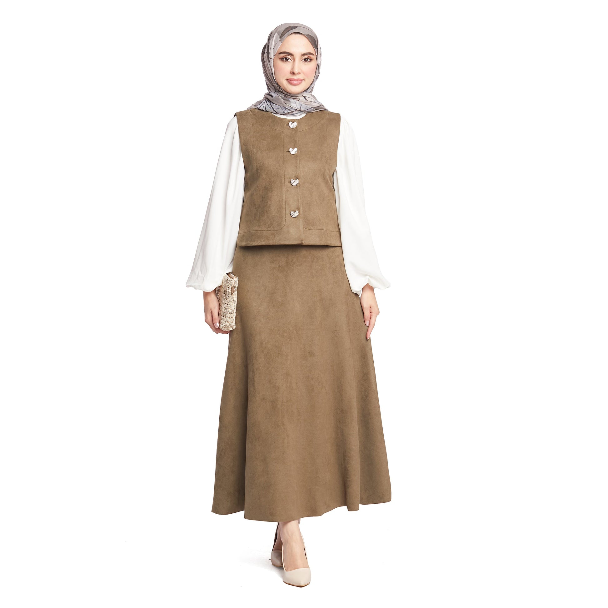 Suede/Velvet Silver Buttoned Skirt Suit