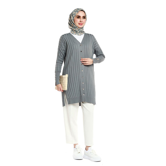 Oversize V-Neck Knit Cardigan with Stripe and Button Accents
