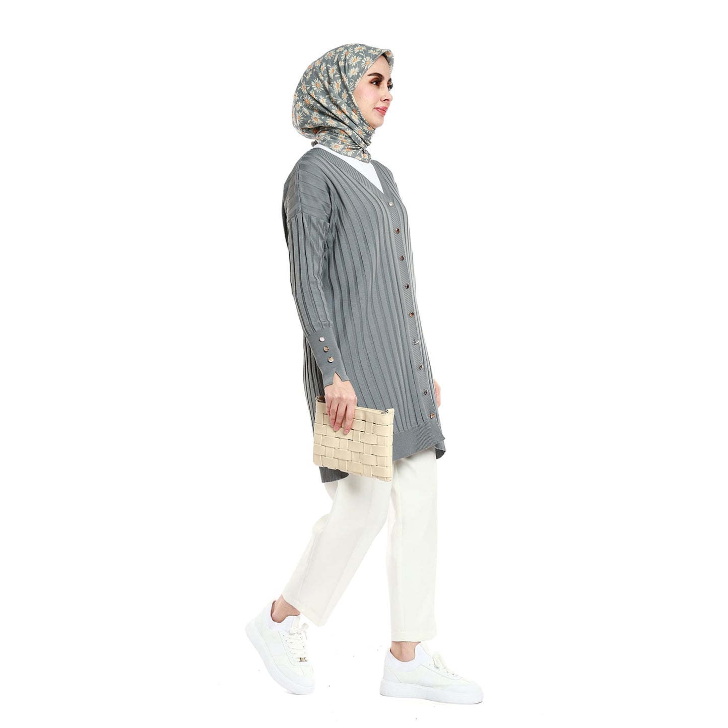Oversize V-Neck Knit Cardigan with Stripe and Button Accents