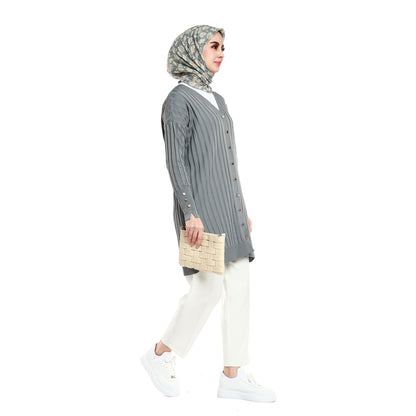 Oversize V-Neck Knit Cardigan with Stripe and Button Accents