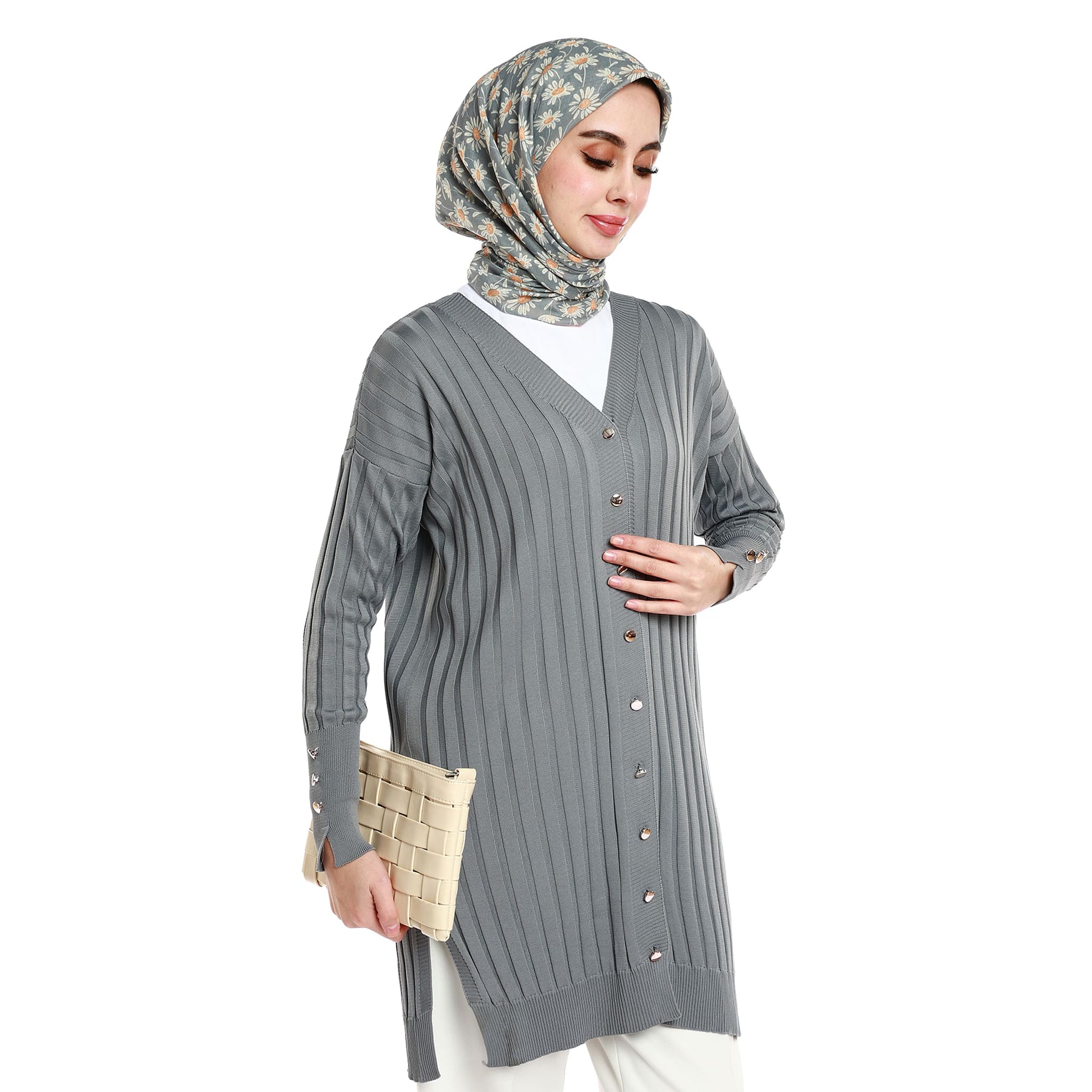 Oversize V-Neck Knit Cardigan with Stripe and Button Accents