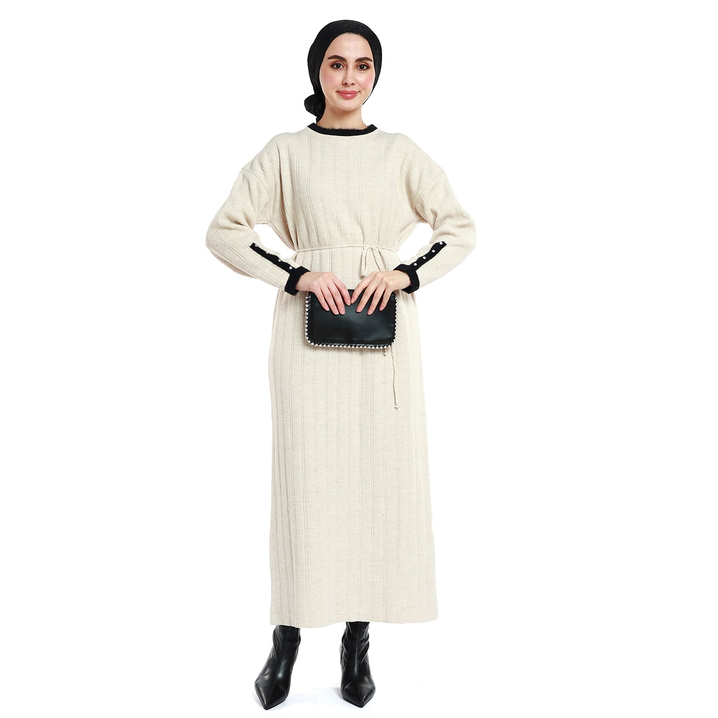 Maxi Knit Dress Striped with Stone and Furry Detailing