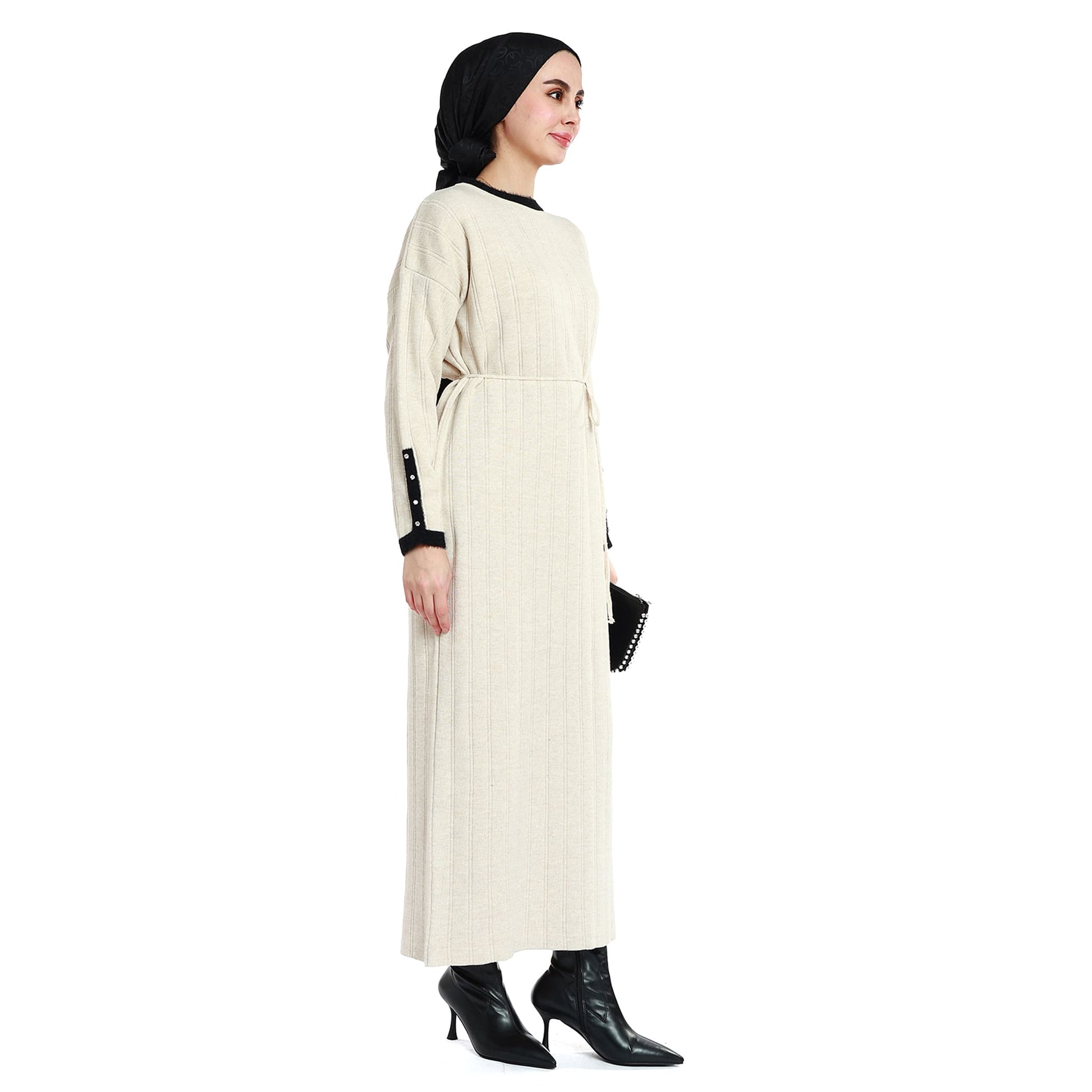 Maxi Knit Dress Striped with Stone and Furry Detailing