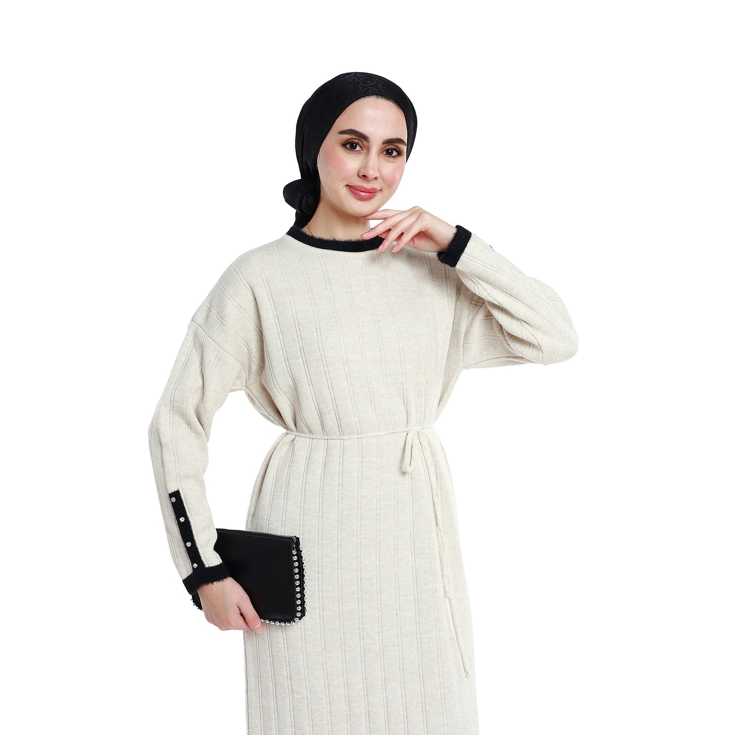 Maxi Knit Dress Striped with Stone and Furry Detailing