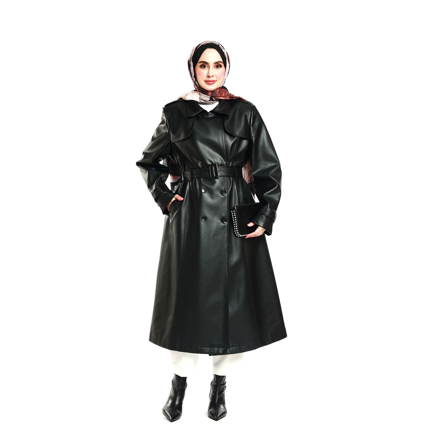 Epaulette and Belt Detail Lined Leather Coat