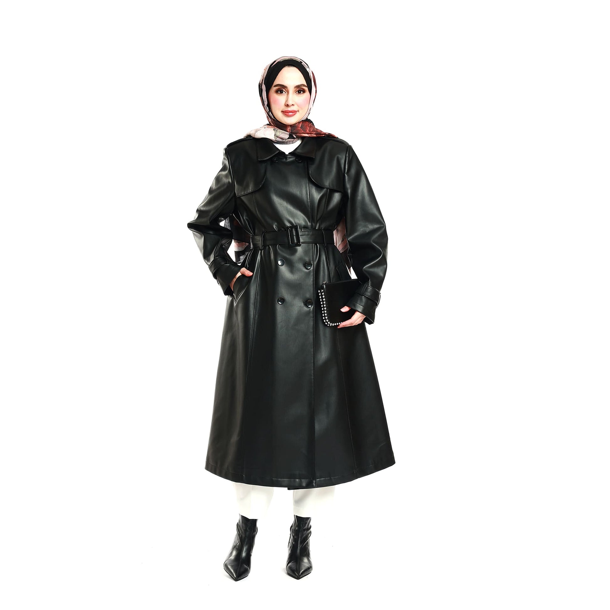 Epaulette and Belt Detail Lined Leather Coat