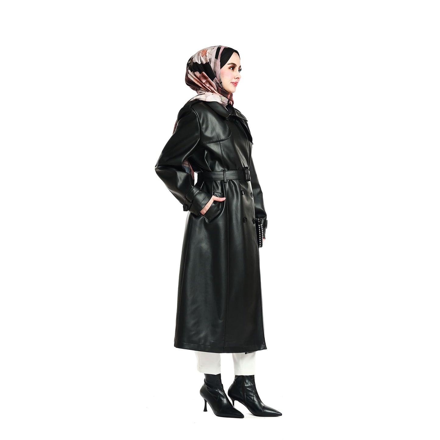 Epaulette and Belt Detail Lined Leather Coat