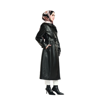 Epaulette and Belt Detail Lined Leather Coat