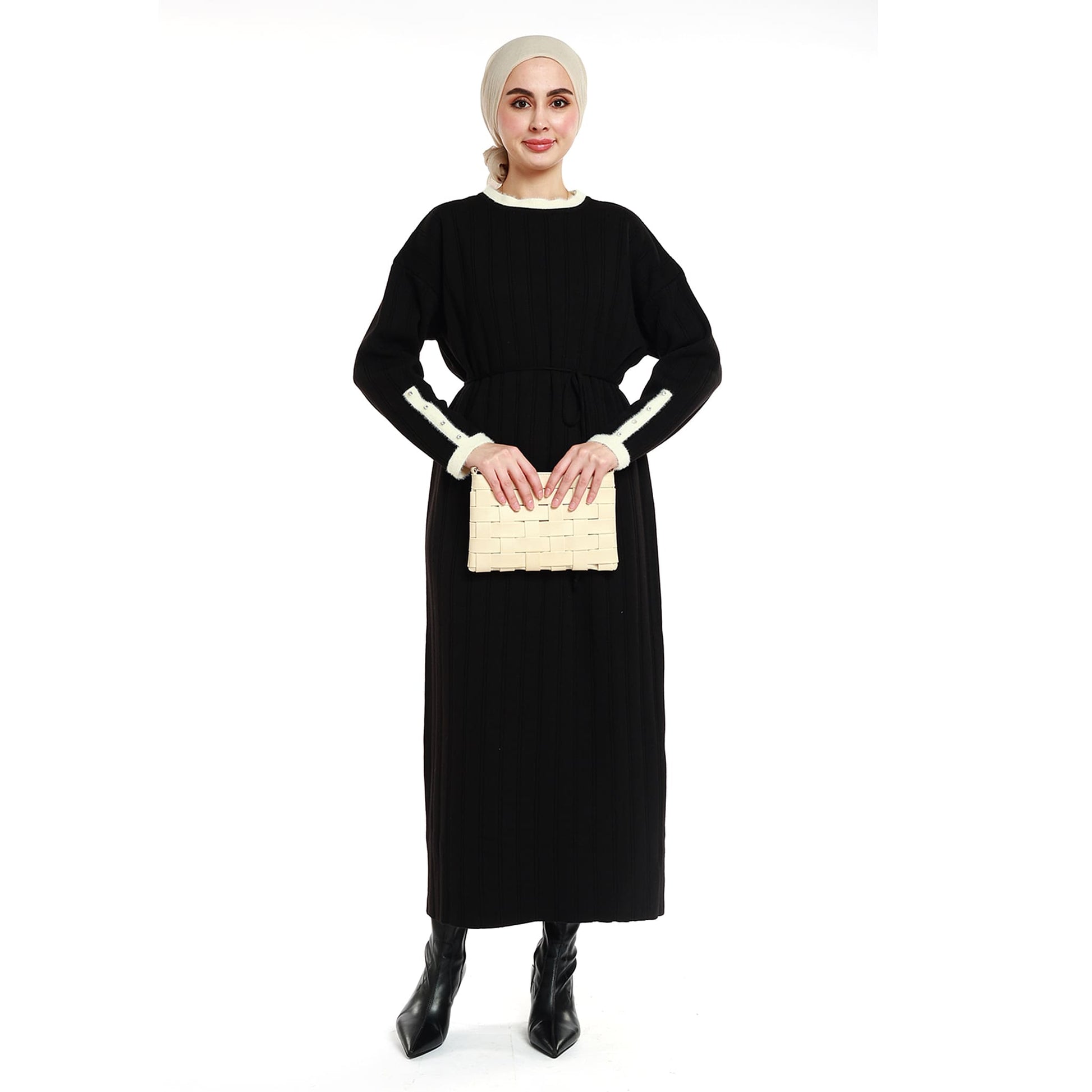 Maxi Knit Dress Striped with Stone and Furry Detailing