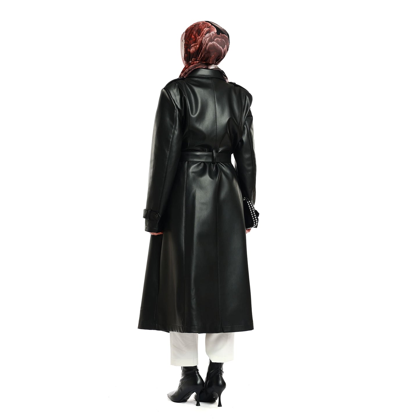 Epaulette and Belt Detail Lined Leather Coat