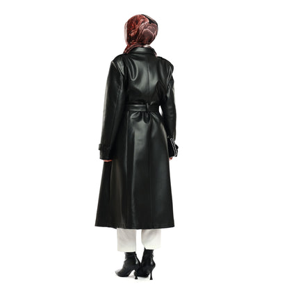 Epaulette and Belt Detail Lined Leather Coat