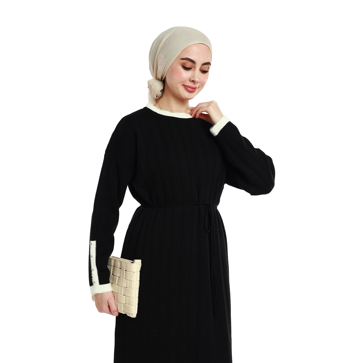 Maxi Knit Dress Striped with Stone and Furry Detailing